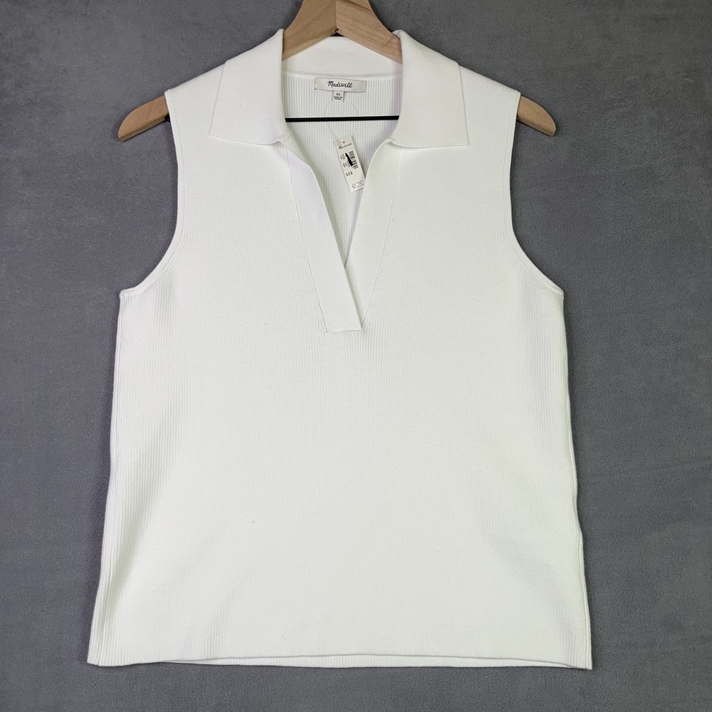Madewell Sweater Tank Womens XL White Cotton Johnny-Collar Sleeveless Knit FLAWS